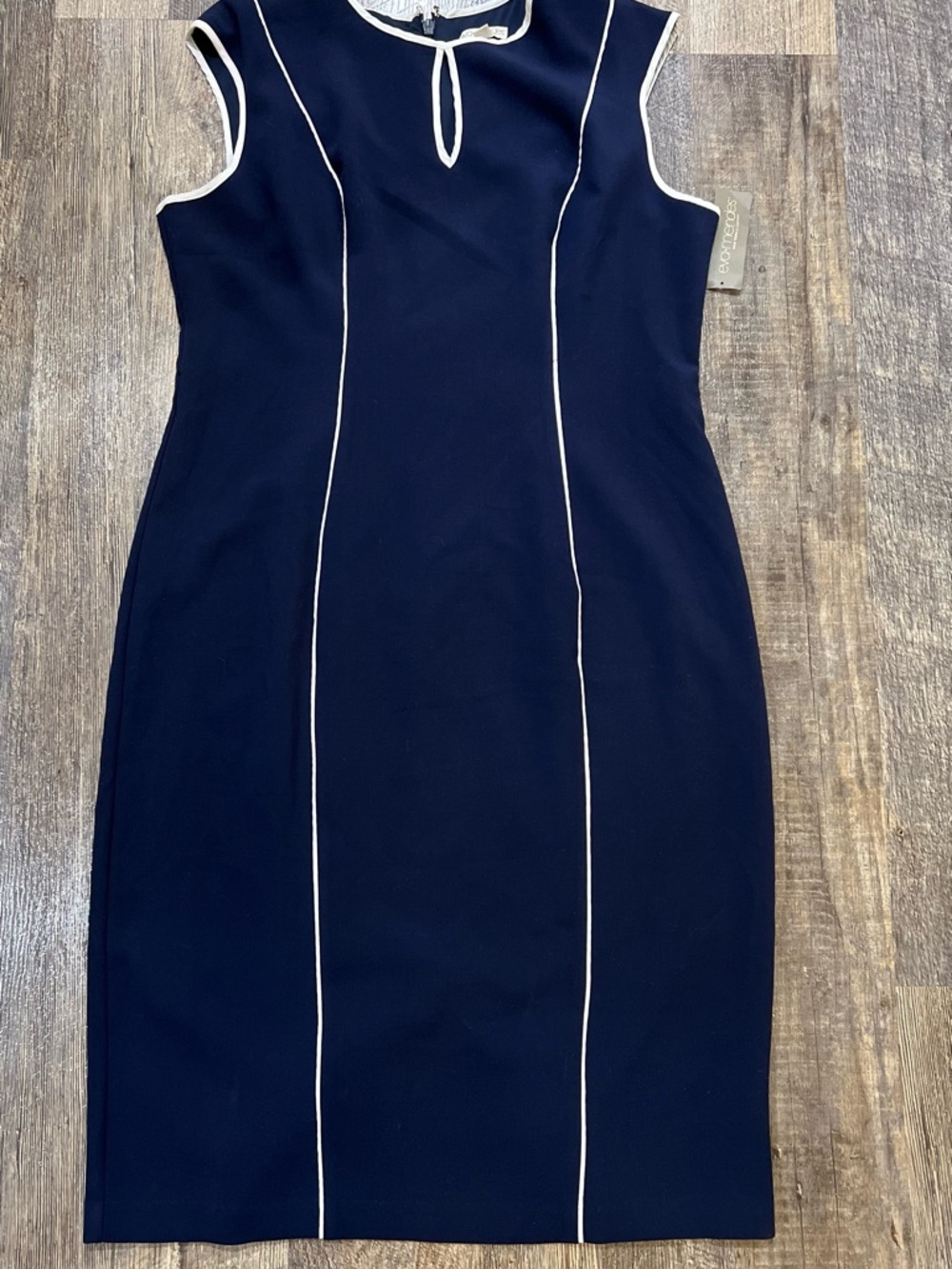 NWT Eva mendes for New York & Company Navy Midi Sheath Dress w/White Piping Trim
